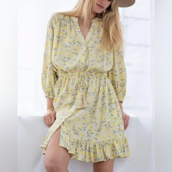 LOVESTITCH - Boho Long Sleeve Floral Yellow Mini Dress - Picture 1 of 5
